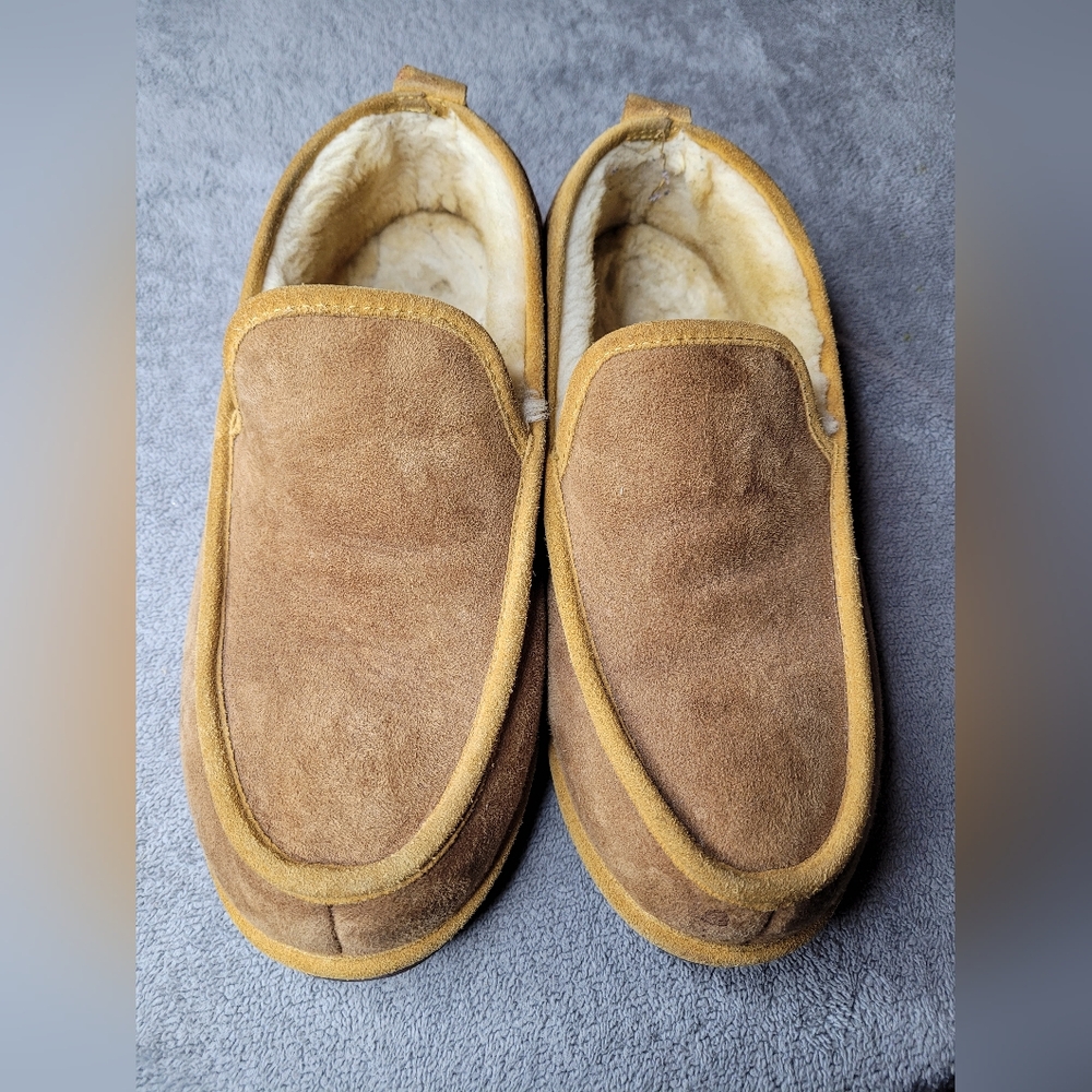 LL Bean Wicked Good Slippers Mens 13 M Faux Fur Lined Brown Leather Slip On Read - Picture 2 of 7